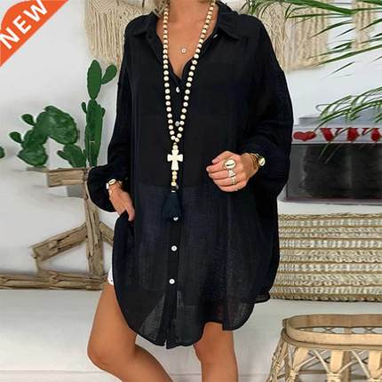 Long Sleeve Cotton Linen Blouses Shirts Button Solid Loose S