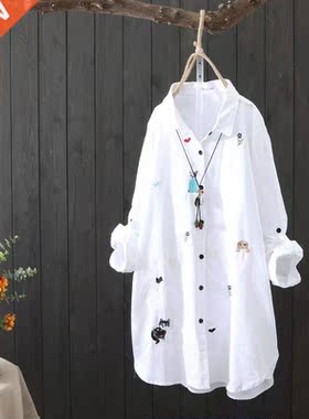 Plus size Cotton Embroidery women loose long white shirts 20