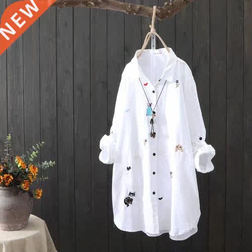 Plus size Cotton Embroidery women loose long white shirts 20