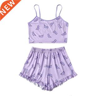 Summer Women Pajama Set Cute Printed Pattern Pajamas Suspen