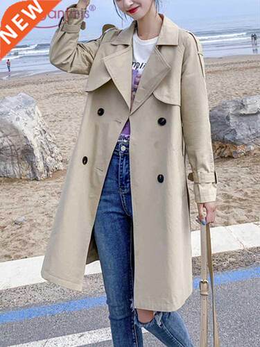 Aelegantmis Women Casual Long rench Coat With Sashes Double