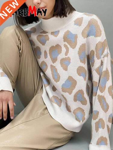 Winter Women's Sweater 2022 Leopard Print Animal Basic White