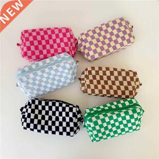 Checkerboard Lattice Makeup Bag Knitted Fabric Women Cosmeti