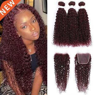 Kinky Curly Human Hair Bundles With Closure 4x4 99J/Burgundy