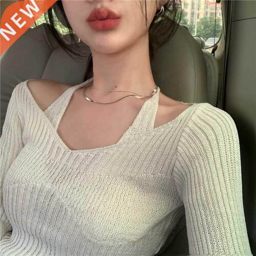 Korean Style Fake Two-Piece Halter White Sweater T-shirt Wom
