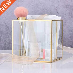 Gold Glass Makeup Bru Holder Storage Container Ring Earrin