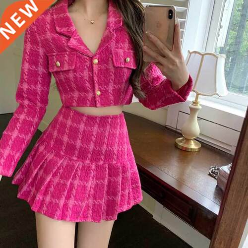 Fall Small Fragrance Vintage Tweed Two Piece Set Women Crop