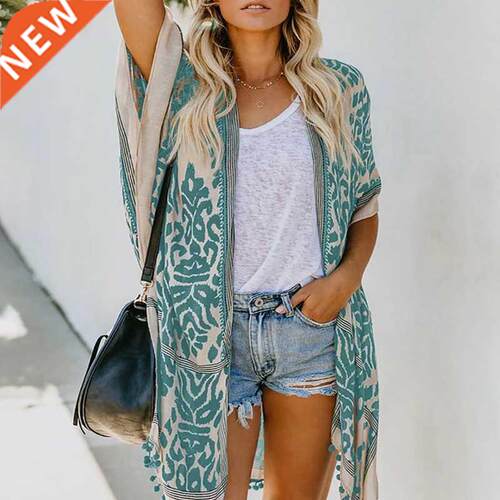 Womens Boho Printed Kimono Beach Cover Up Faionable Summer