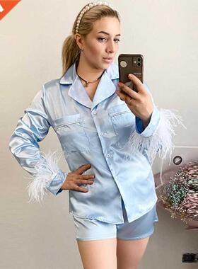 Restve Feathers Pajas Women 2 Piece Set Long Sleeve Turn D