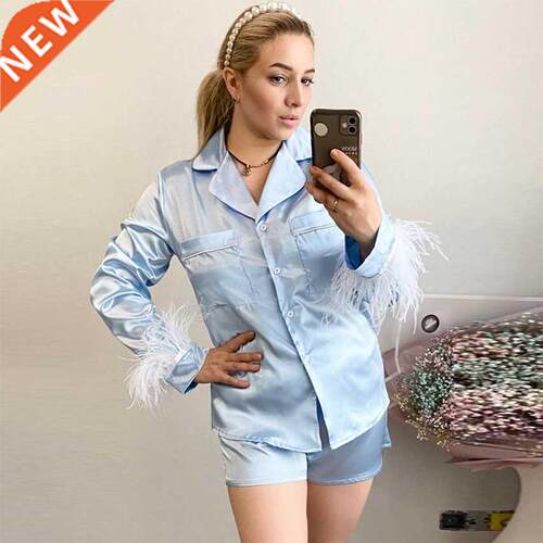 Restve Feathers Pajas Women 2 Piece Set Long Sleeve Turn D