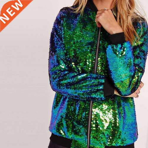 Spring Autumn Women Sequin Coat Green Bomber Jacket Long Sle