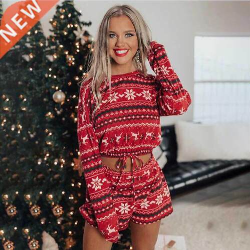 Hirigin 2020 New Women Christmas Pajama Sets Long Sleeve Cro