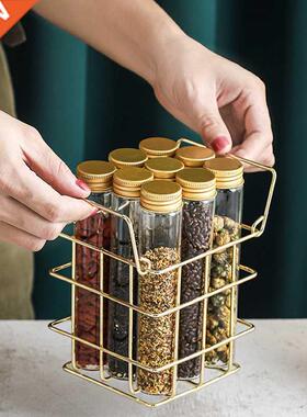 Modern Storage Basket with 9 Aluminum Lid Glass Bottles Gold