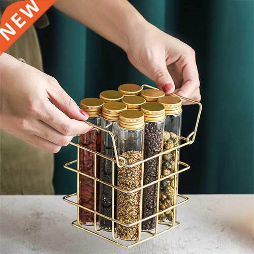 Modern Storage Basket with 9 Aluminum Lid Glass Bottles Gold
