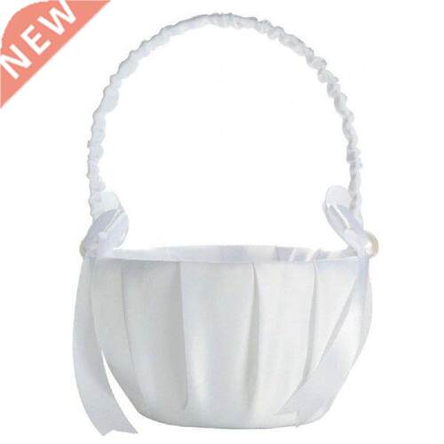Romantic Basket White Satin Bowknot Pearl Flower Girl