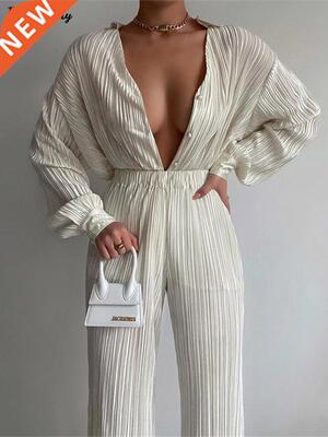 Ladies Shirt Suits Pleated Notched Single-Breasted Female Ca