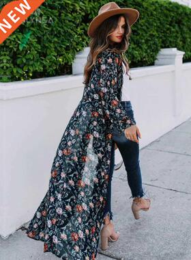 2021 Vintage Floral Print Long Kimono Plus Size Elegant Stre