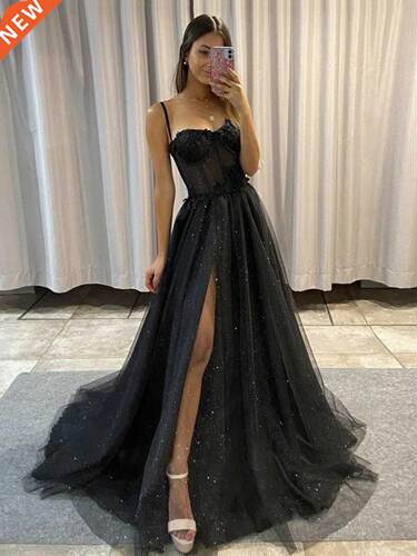 BridalAffair Black Glitter A Line Tulle Prom Dresses Spaghet