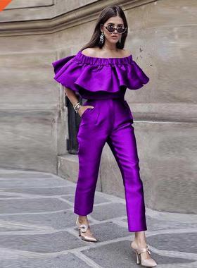 4XL新款一字领荷叶袖衬衫高腰大码两件套女 Big yards suit