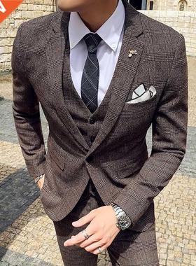 6XL 7XL (Jackets+Vest+Pants) Male Korean Blazers Slim Check