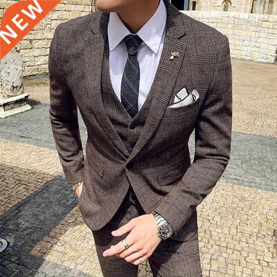 6XL 7XL (Jackets+Vest+Pants) Male Korean Blazers Slim Check