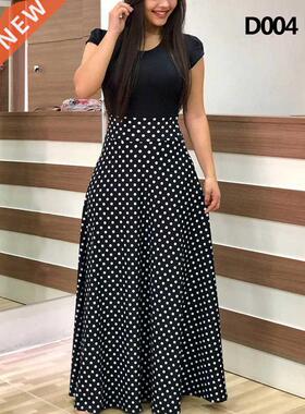 Women Polka Dot Print Patchwork Long Dress Summer Casual Sho