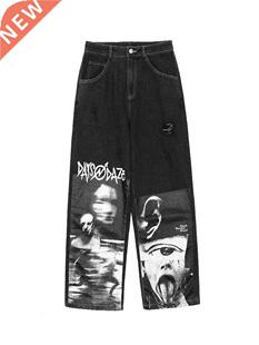 HOUZHOU Gothic Baggy Jeans Women Punk Hippie Sreetwear Print