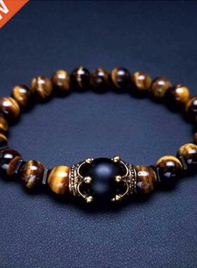 Luxury Crown Natural Tiger Eye Stone Bead Bracelets Men's A