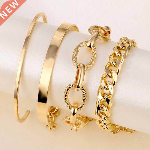 4Pcs Punk Heavy Metal Big Thick Chain Bracelet Set Women Ret