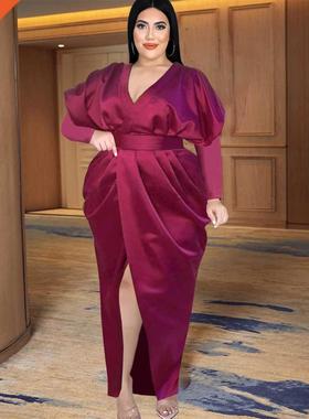 S-xxxxl full-size Burgundy party dress with straps大码连衣裙