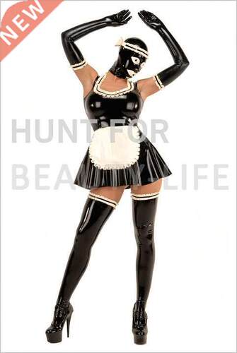 Latex uniform housekeeper hood, stocking dress, apron, glove