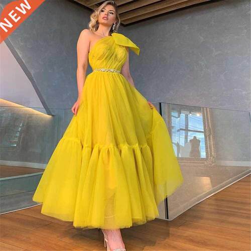 Sevintage Yellow Tulle Short Prom Dress One Shoulder Tea Len