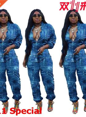 S-xxxl denim printed jumpsuit for ladies大码女士牛仔连体裤