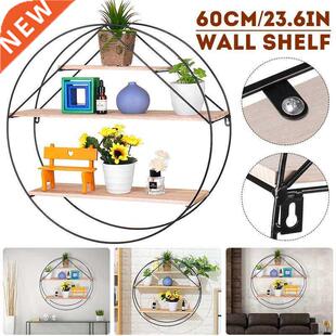 60cm Wooden Iron Wall Hanging Shelf Retro Round Office Sundr