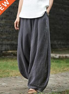 2022 Cotton Linen Style Bloomers Wide Leg Pants Women Vintag