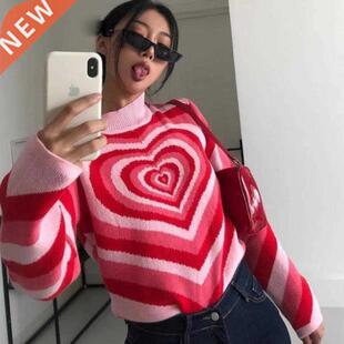Y2K Knitted Sweater Aesthetics Heart Striped Pullovers Sweat