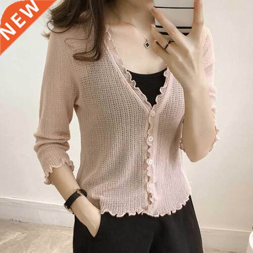 Women's Thin Coats Short Faux lce silk Knit Jacket C