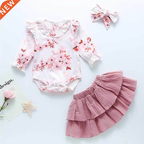 3 Pcs Baby Girl's Clothes Set Round Neck Long Sleeve Flower