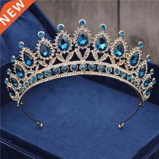 Baroque Vintage Blue Crystal Bride Crown Women Headdress Bri