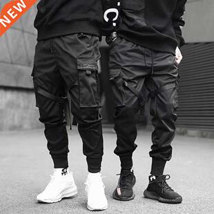 Men Ribbons Color Block Black Pocket Cargo Pants Joggers Ha