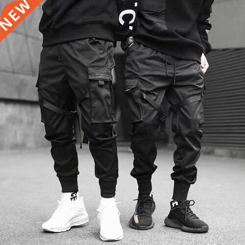 Men Ribbons Color Block Black Pocket Cargo Pants Joggers Ha