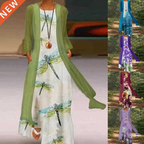 2Pcs/Set Floral Print Dress Set Women Sleeveless Maxi Dress
