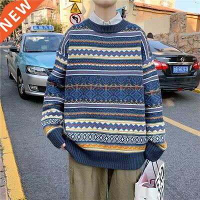 Retro literary jacquard crew neck sweater men's spring/autum
