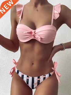 Striped Lace Ruffle Push Up Women Bandeau Swimsuit Female
