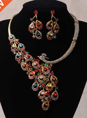 Luxury Gold Rhinestone Peacock Bridal Jewelry Sets Silver Pl