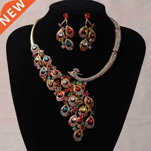 Luxury Gold Rhinestone Peacock Bridal Jewelry Sets Silver Pl