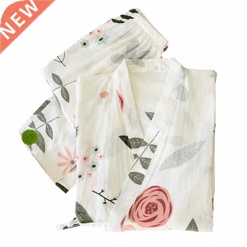 Rose Printed Ladies Kimono Style Pajamas Set Loose Thin V-Ne