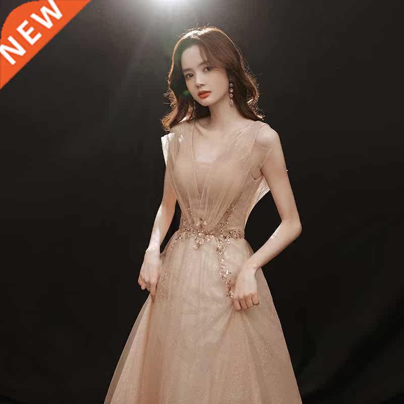 Champagne Evening Dresses V-Neck Sleeveless Elegant Party Tr图片