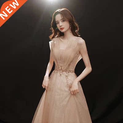 Champagne Evening Dresses V-Neck Sleeveless Elegant Party Tr