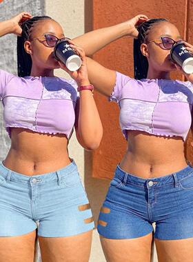 S-3xl Large size high waist skinny ripped denim shorts大码女